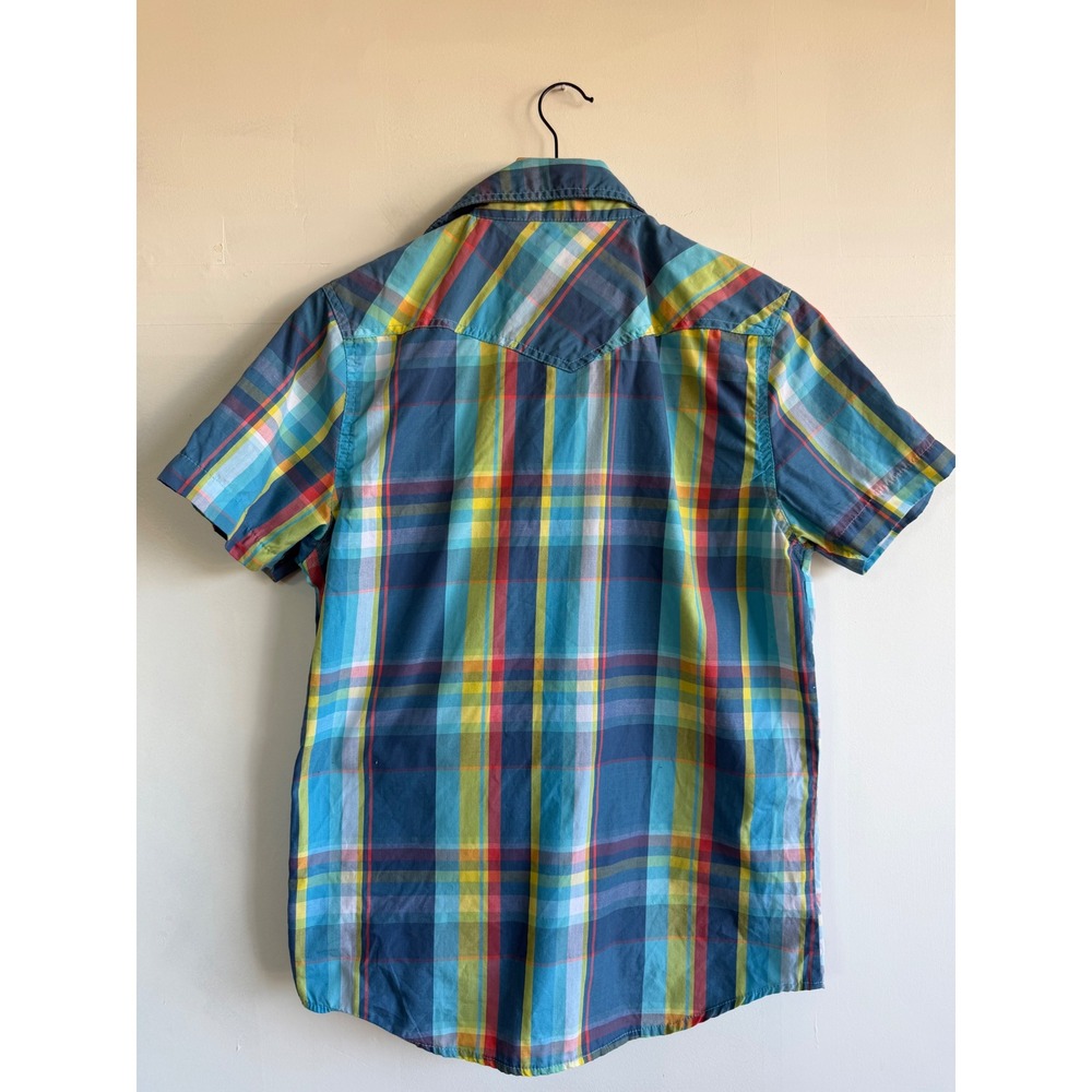Ditch Plains Mens Blue Plaid Short Sleeve colorblock Western Pearl Snap Shirt S - Picture 5 of 7